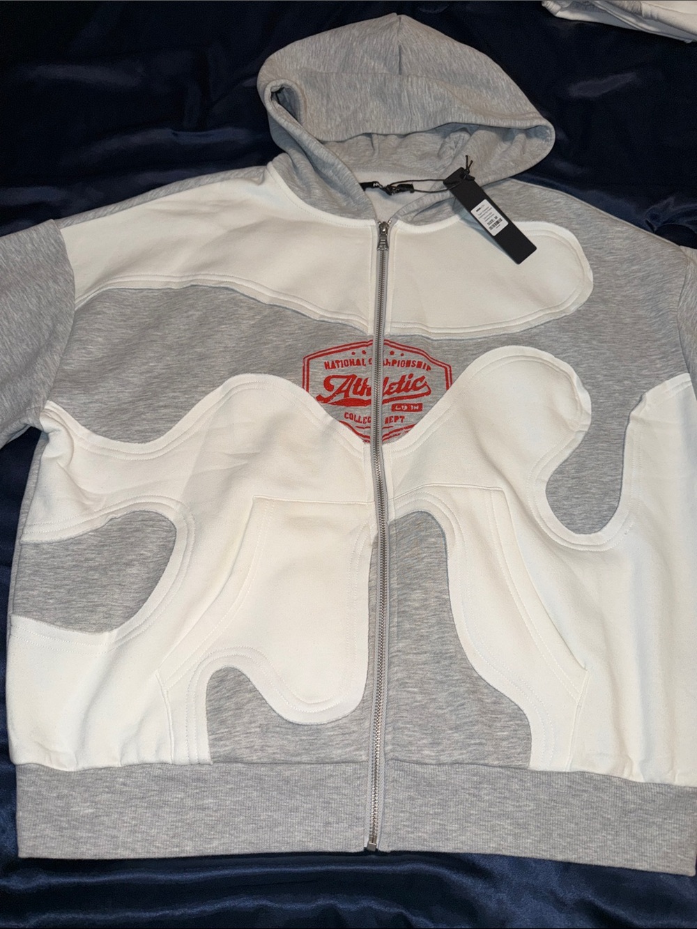 Men’s Fashion Nova Gray & White Zip-Up Hoodie with Red Athletic Patch